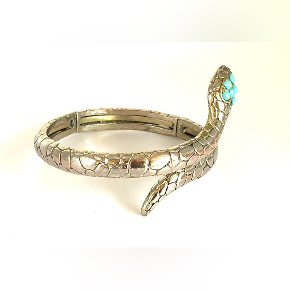 Hinged Silver Snake Reptile 🦎 Bangle Bracelet Faceted Faux Turquoise Blue Eyes - Picture 2 of 16